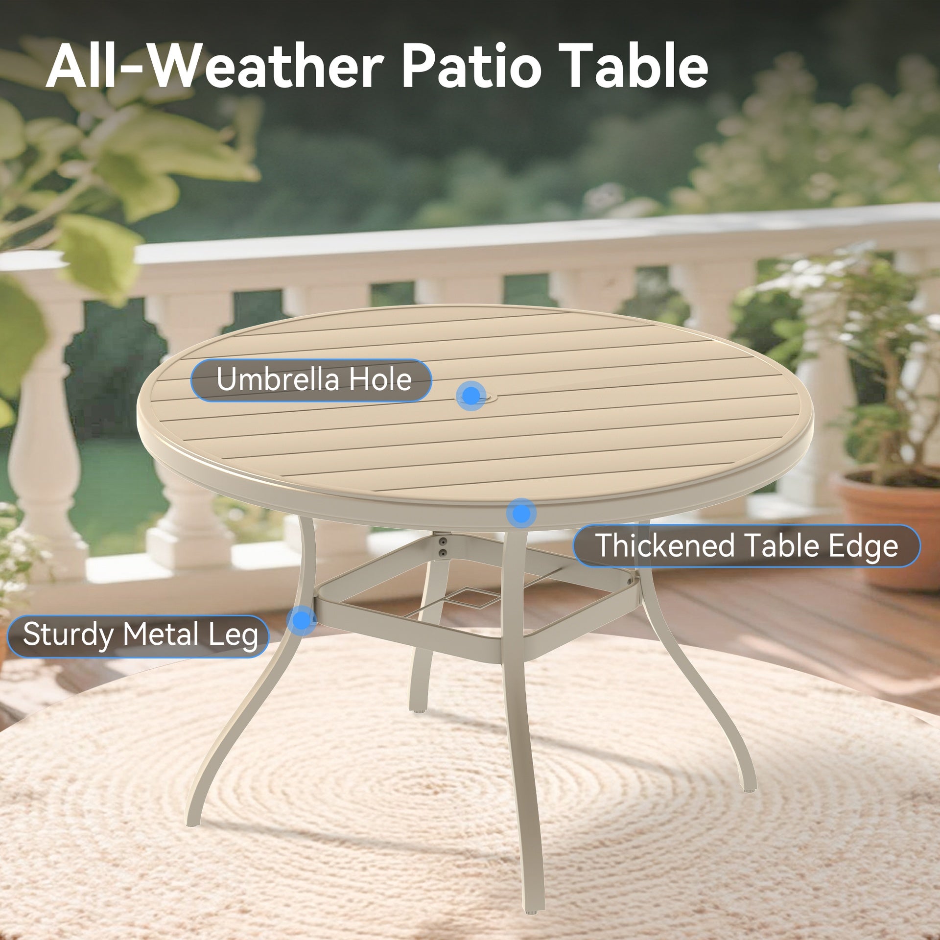 VRSHWO"Outdoor Round Patio Dining Table for 4-6, All Weather Metal Dining Table with Umbrella Hole for Deck Lawn Garden Backyard, Sandstone Color