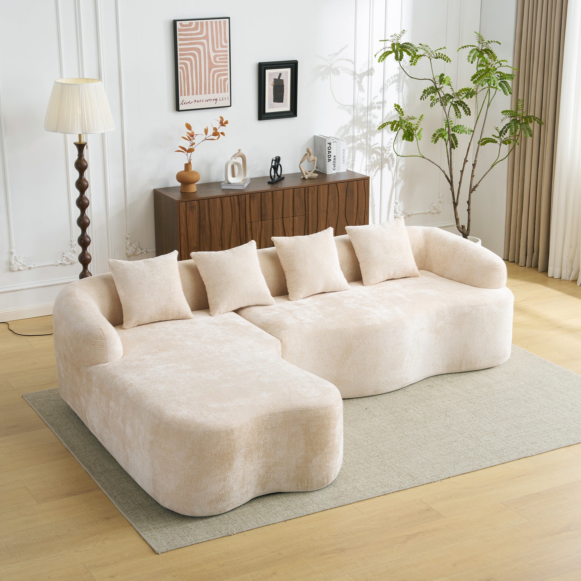 Full Compression L-Shape Sectional Sofa with Curved Chaise, Beige Modular Chenille Couch, High-Density for Apartment Living Room