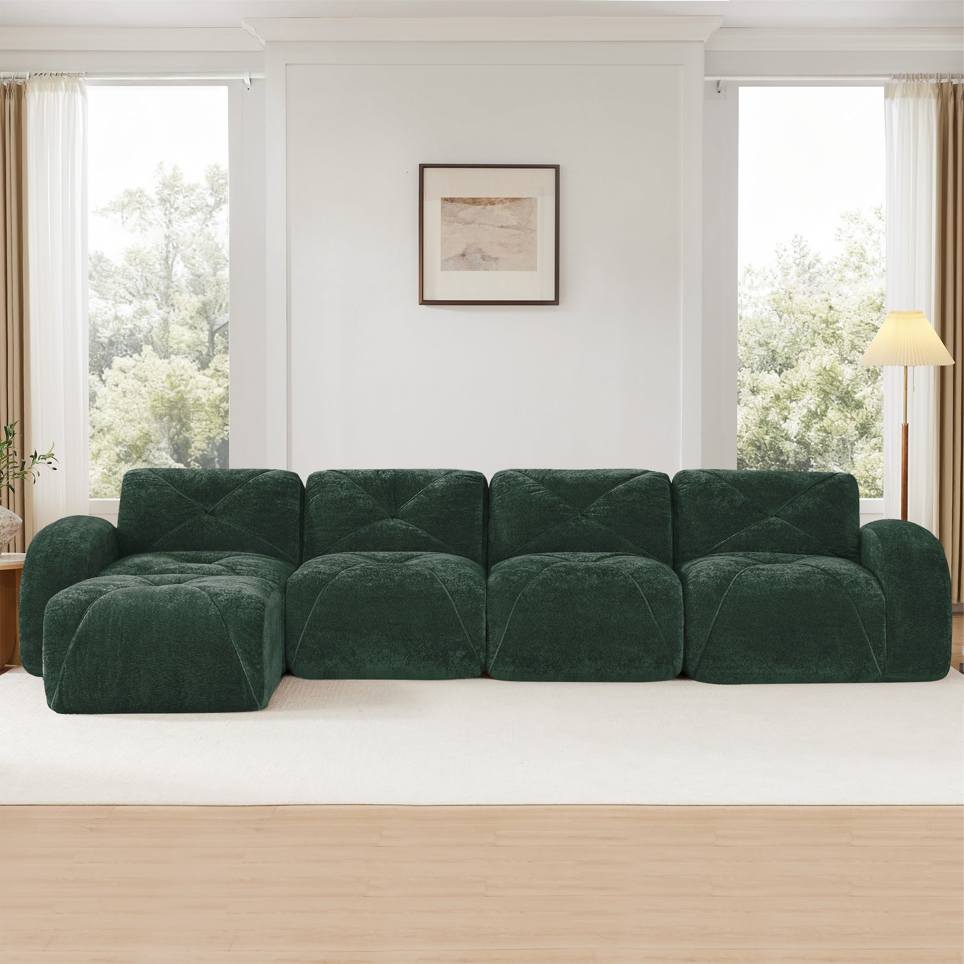 L-shaped Soft Velvet Fabric,Tufted Design,32D High Density Sponge Bottom,Ergonomic Design Bottom,Anti-Slip Design,Free Combination,No Assembly Required,Movable Ottoman For Living Rooms,Green