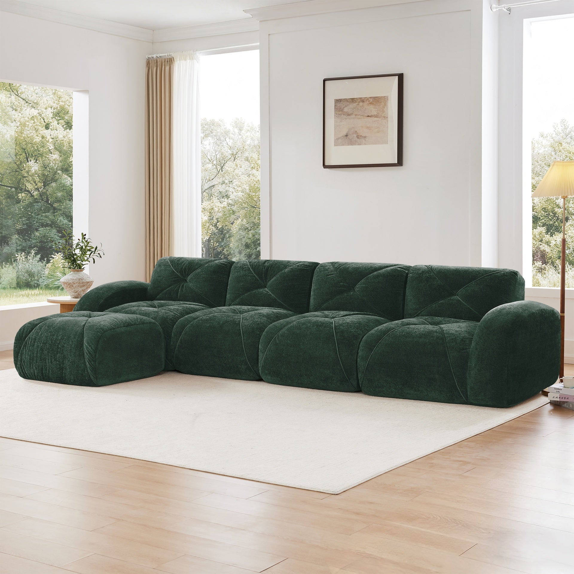 L-shaped Soft Velvet Fabric,Tufted Design,32D High Density Sponge Bottom,Ergonomic Design Bottom,Anti-Slip Design,Free Combination,No Assembly Required,Movable Ottoman For Living Rooms,Green