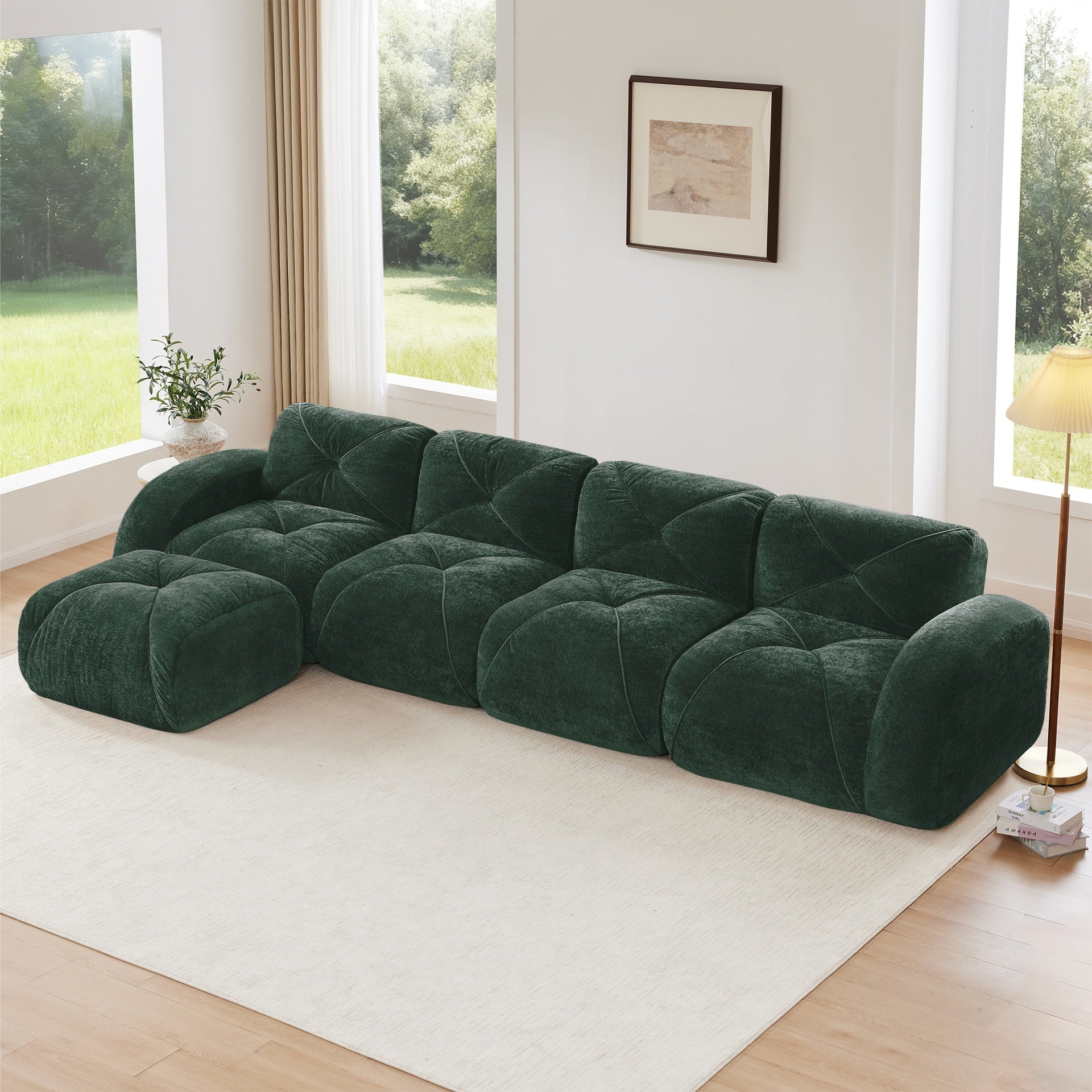 L-shaped Soft Velvet Fabric,Tufted Design,32D High Density Sponge Bottom,Ergonomic Design Bottom,Anti-Slip Design,Free Combination,No Assembly Required,Movable Ottoman For Living Rooms,Green
