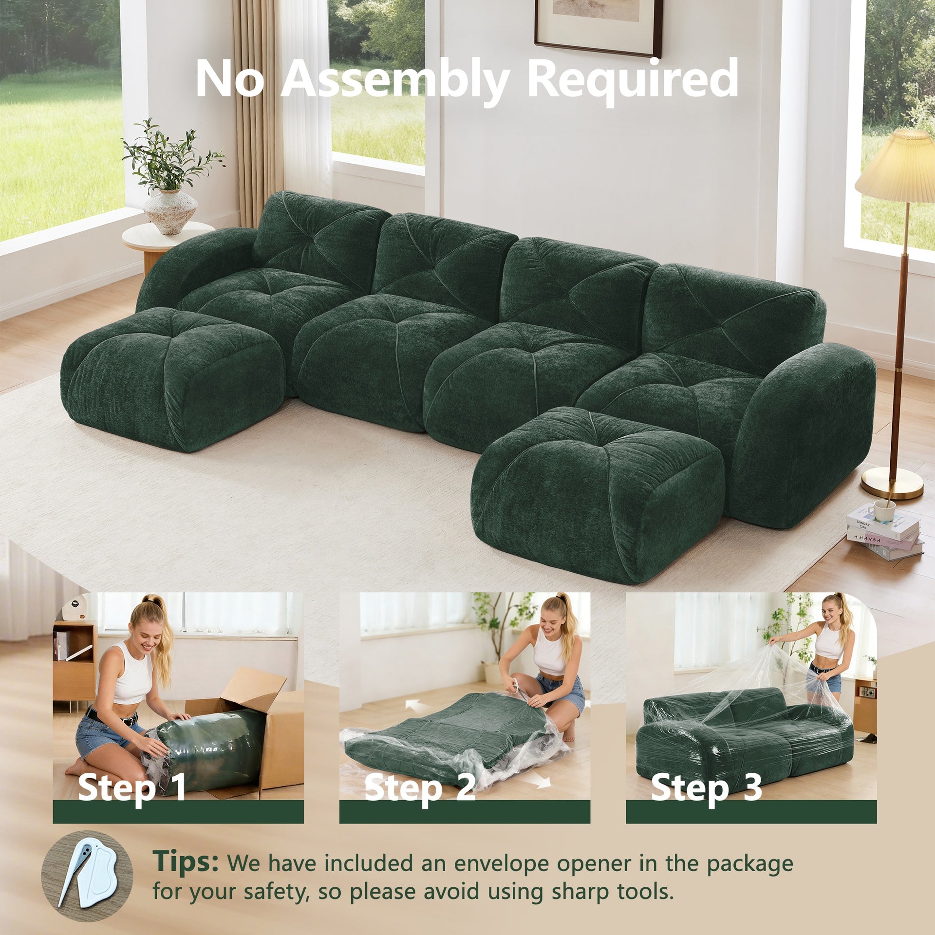 U-shaped Boneless Sofa,Tufted Design,32D High Density Sponge  Bottom,Anti-Slip Design,No Assembly Required,Free Combination,Movable Ottomans For Living Rooms,Home Theater,Green