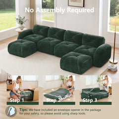 U-shaped Boneless Sofa,Tufted Design,32D High Density Sponge  Bottom,Anti-Slip Design,No Assembly Required,Free Combination,Movable Ottomans For Living Rooms,Home Theater,Green
