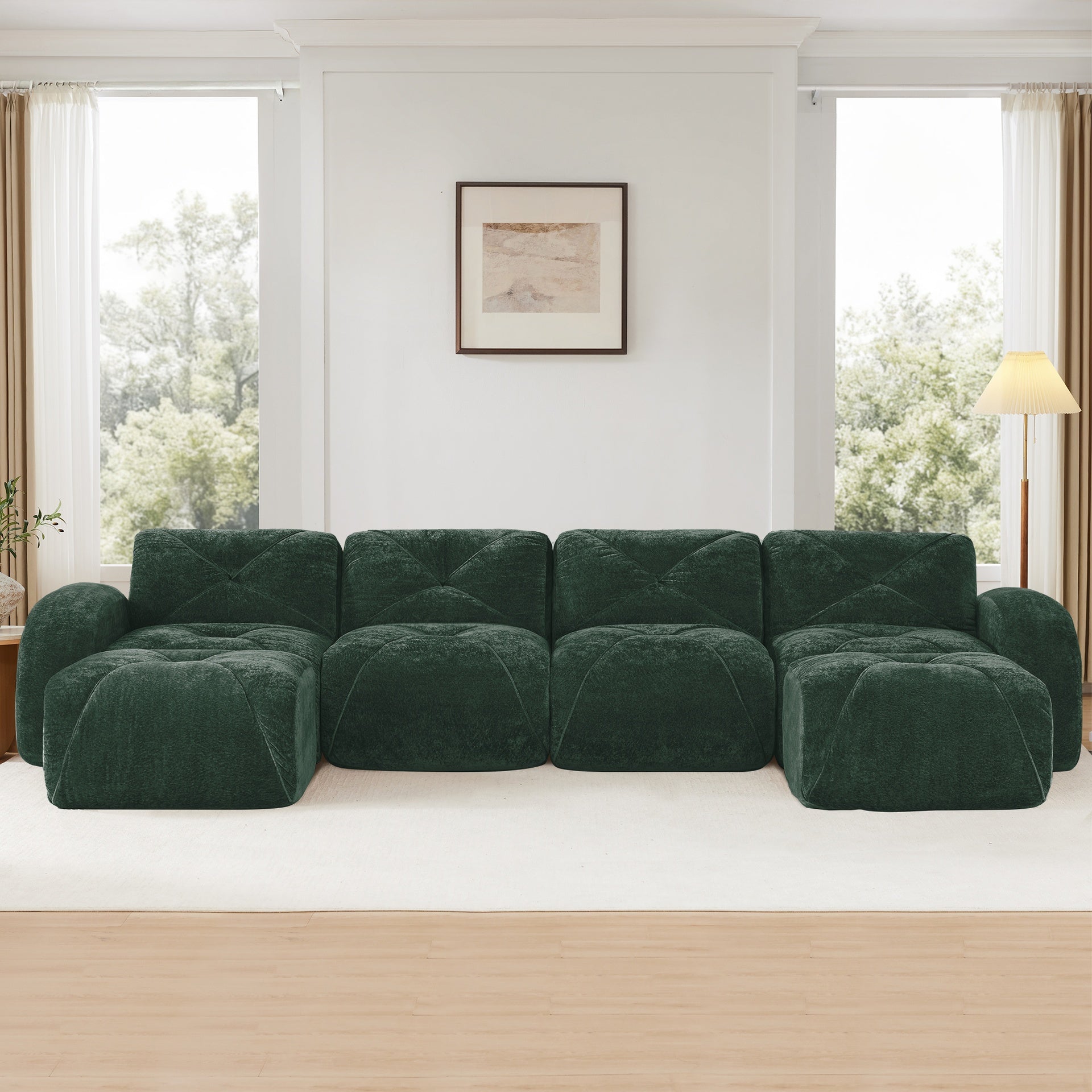 U-shaped Boneless Sofa,Tufted Design,32D High Density Sponge  Bottom,Anti-Slip Design,No Assembly Required,Free Combination,Movable Ottomans For Living Rooms,Home Theater,Green