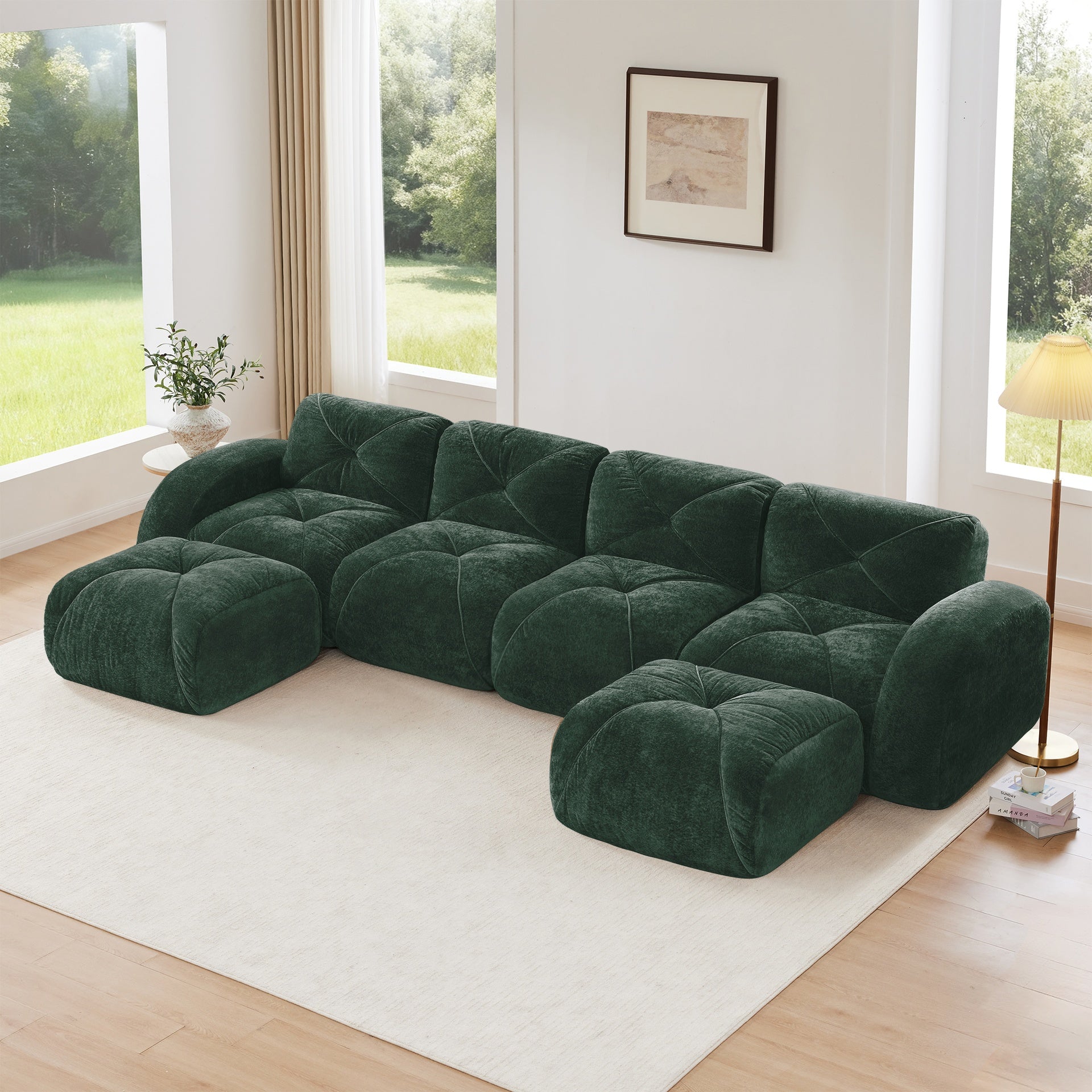 U-shaped Boneless Sofa,Tufted Design,32D High Density Sponge  Bottom,Anti-Slip Design,No Assembly Required,Free Combination,Movable Ottomans For Living Rooms,Home Theater,Green