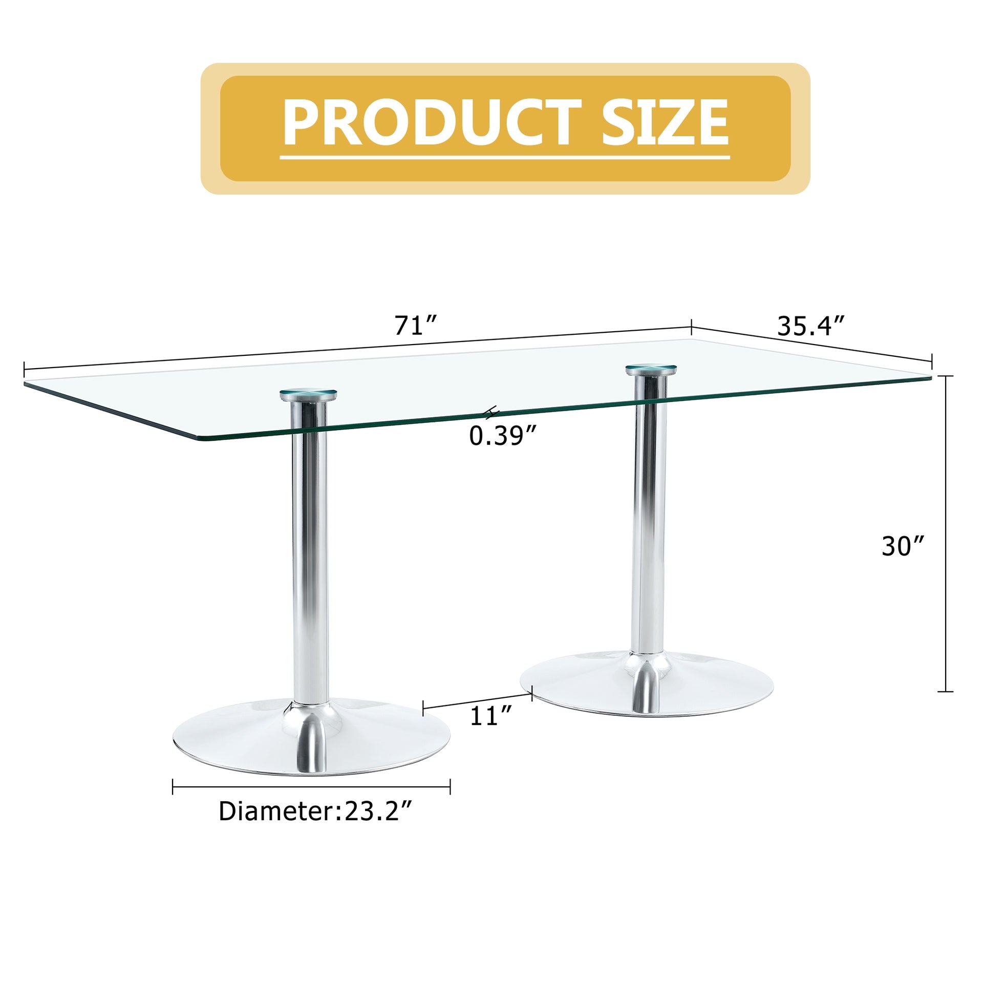 A glass tabletop with 71*35.4 inches and a modern minimalist circular dining table with electroplated silver metal legs. Suitable for restaurants, living rooms.