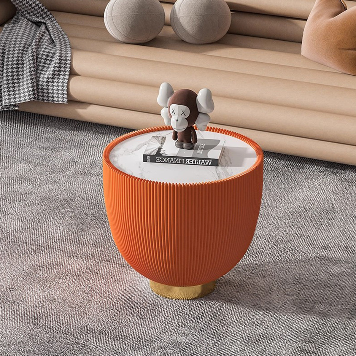 Modern Round Sintered stone Pattern Tabletop Leather Edge Sofa End Table with Metal Base,Luxurious Side Table for Home Decor Living Room
(Each tabletop has a unique grey pattern)