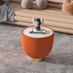 Modern Round Sintered stone Pattern Tabletop Leather Edge Sofa End Table with Metal Base,Luxurious Side Table for Home Decor Living Room
(Each tabletop has a unique grey pattern)