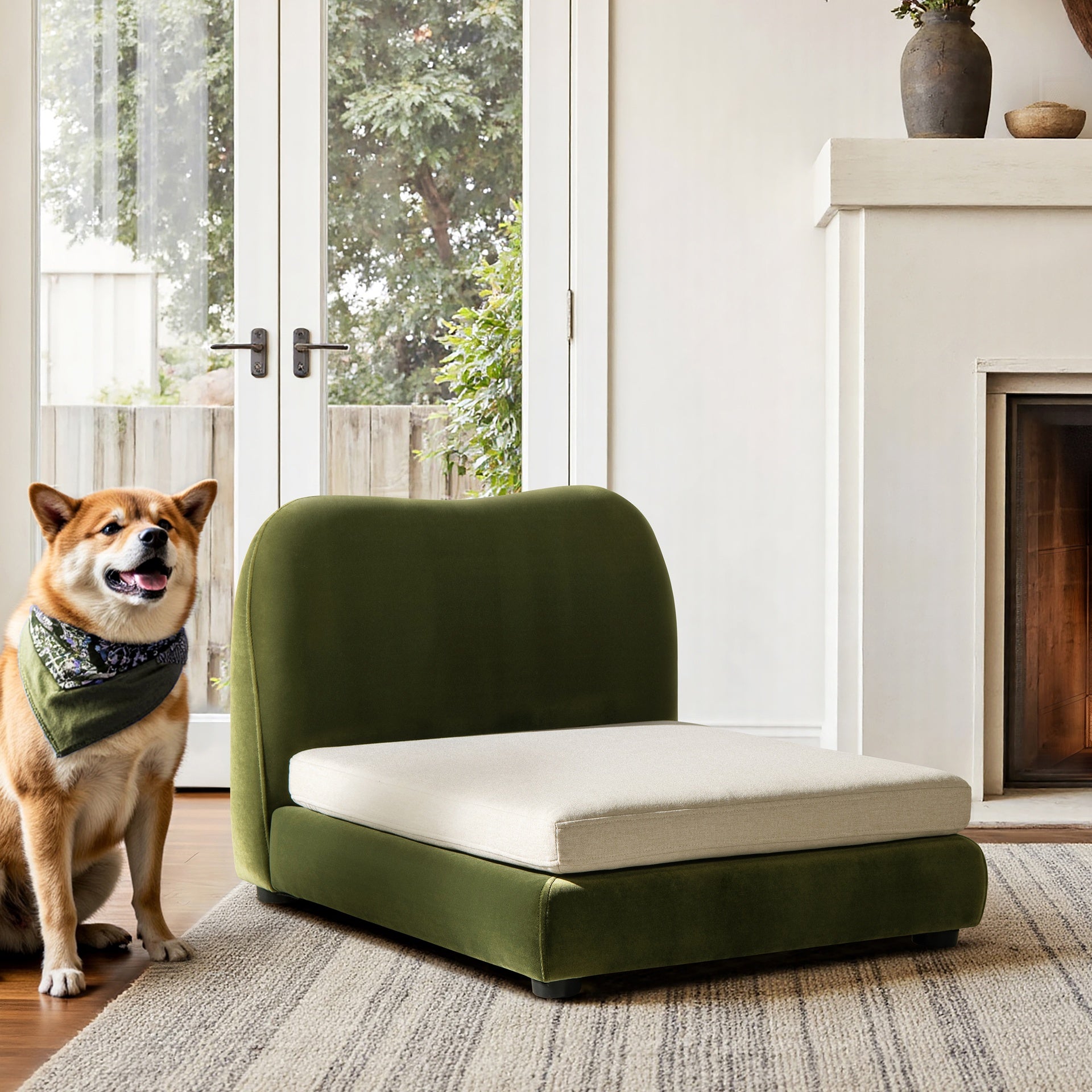 Roman Upholstered Modern Pet Bed, Small to Medium Dog or Cat Olive Green Performance Velvet