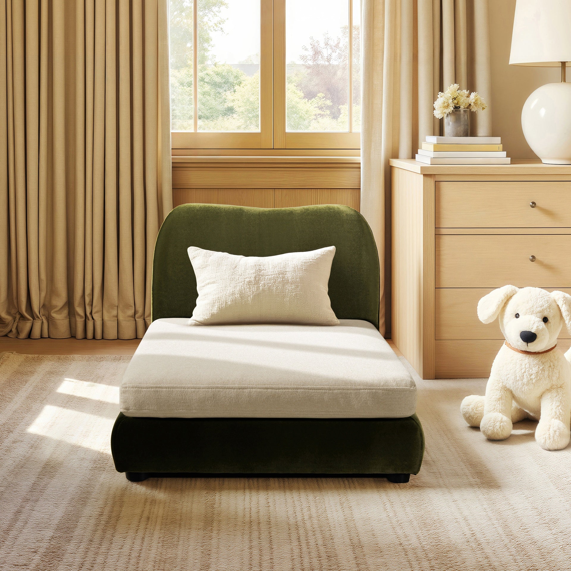 Roman Upholstered Modern Pet Bed, Small to Medium Dog or Cat Olive Green Performance Velvet