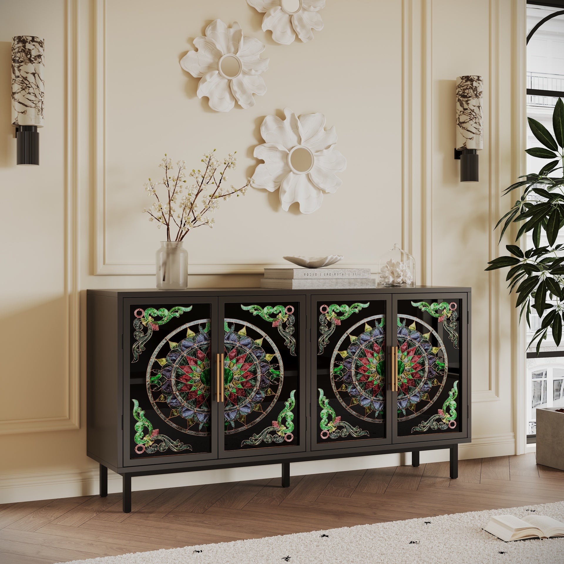 60.3 "Decorative Cabinet with 4 doors, Painted glass metal iron frame Buffet Cabinet, Artistic storage Cabinet, Entrance Cabinet, Living room, Bedroom, Dining room