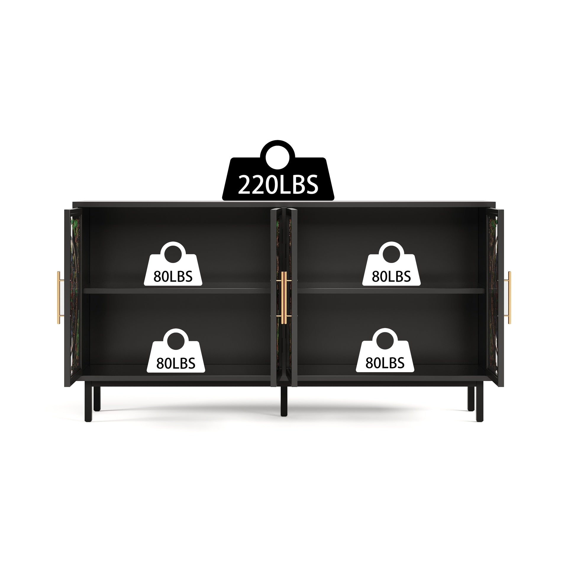 60.3 "Decorative Cabinet with 4 doors, Painted glass metal iron frame Buffet Cabinet, Artistic storage Cabinet, Entrance Cabinet, Living room, Bedroom, Dining room