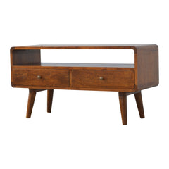 Solid Wood Curved Chestnut Media Unit, Open Slot, 2-Drawers, Brown