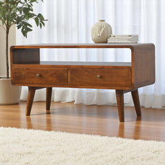 Solid Wood Curved Chestnut Media Unit, Open Slot, 2-Drawers, Brown