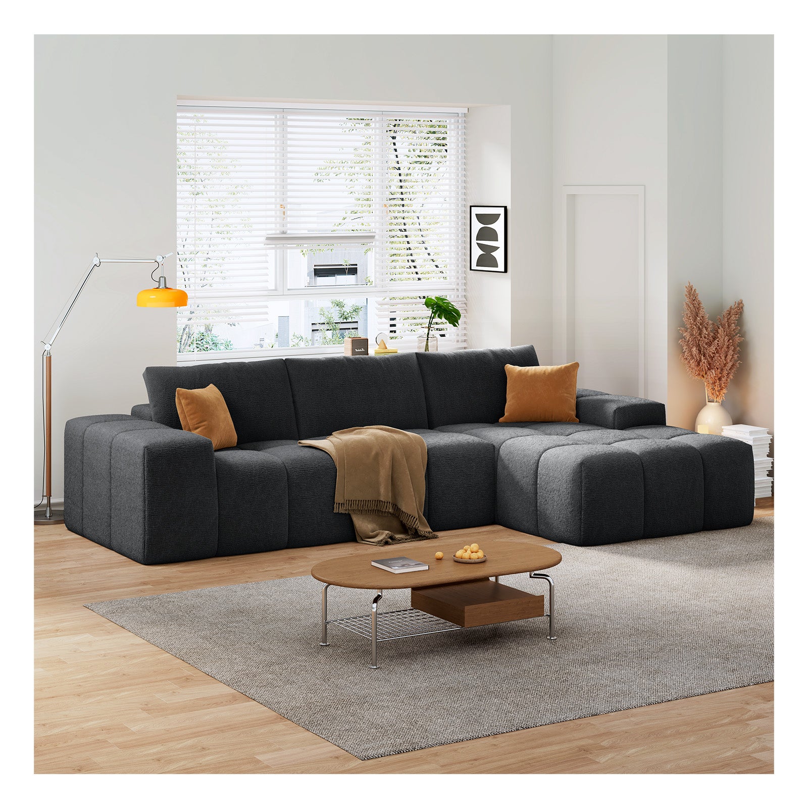 L-shaped modular combination sofa, no assembly required, deep seat sofa with 3 cushions, soft fabric upholstery, suitable for modern lounge chairs in living rooms and bedrooms