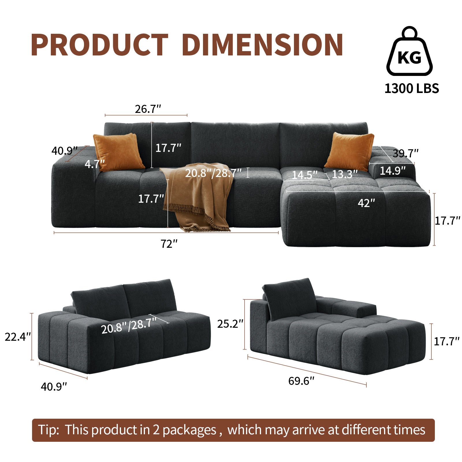 L-shaped modular combination sofa, no assembly required, deep seat sofa with 3 cushions, soft fabric upholstery, suitable for modern lounge chairs in living rooms and bedrooms