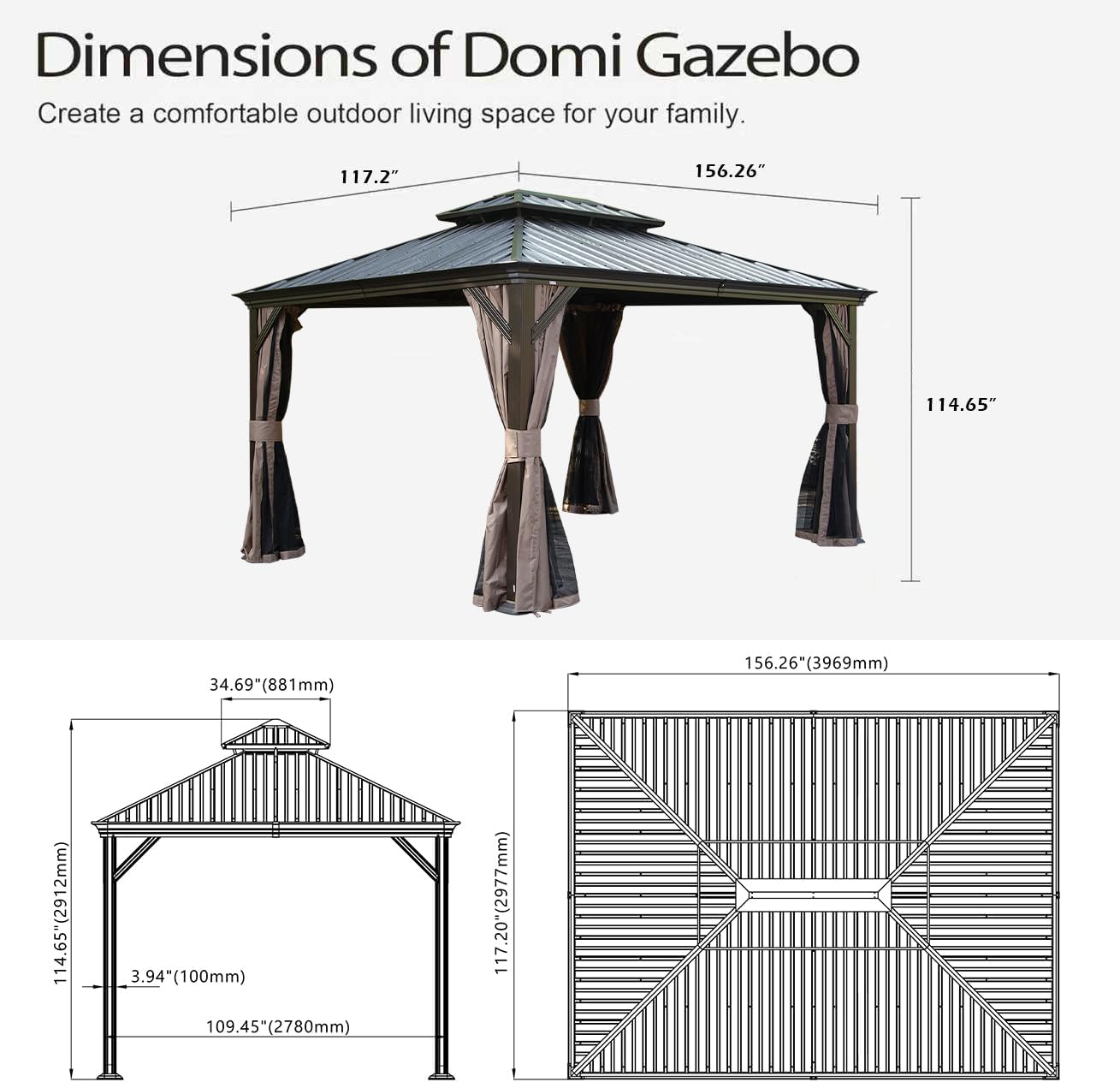 10x13FT Outdoor Gazebo, Hardtop Gazebo with Galvanized Steel Double Roof, Metal Gazebos with Drainage System Patio Pergola for Patio Deck Backyard,Curtain and Netting,Brown