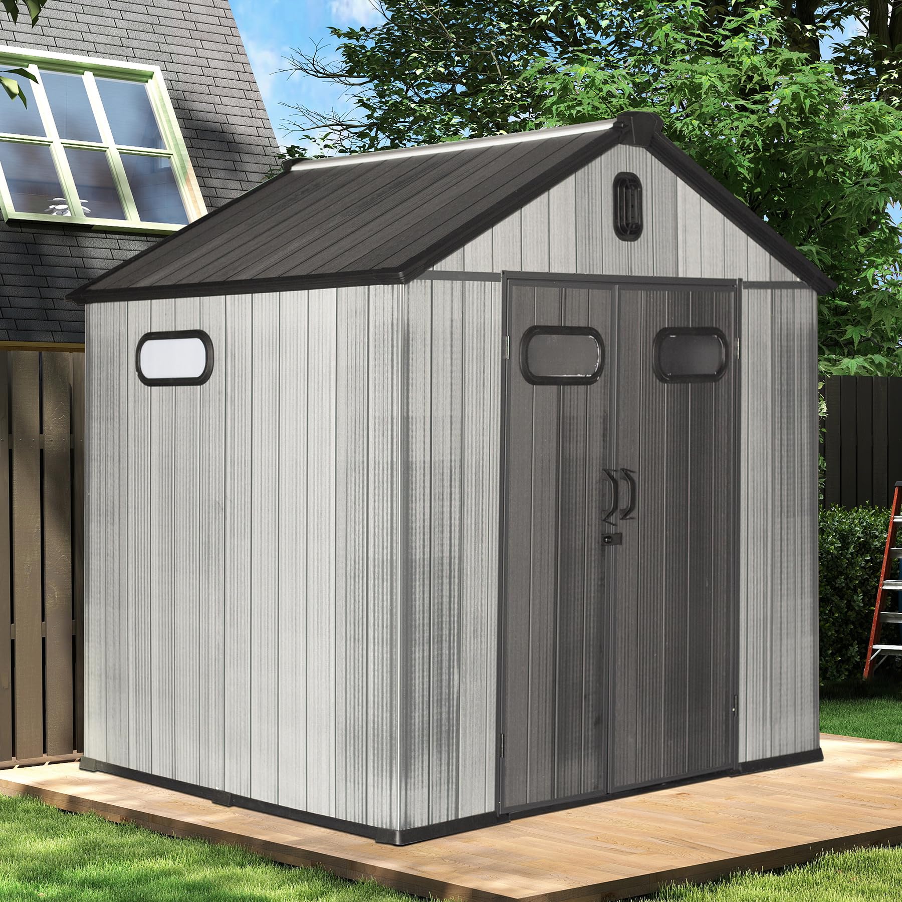 8x8FT Resin Outdoor Storage Shed with Lockable Door, Waterproof Outside Sheds with Windows & Vents, Heavy-Duty Plastic Tool Storage Shed for Patio Furniture, Lawn Mower, Bike