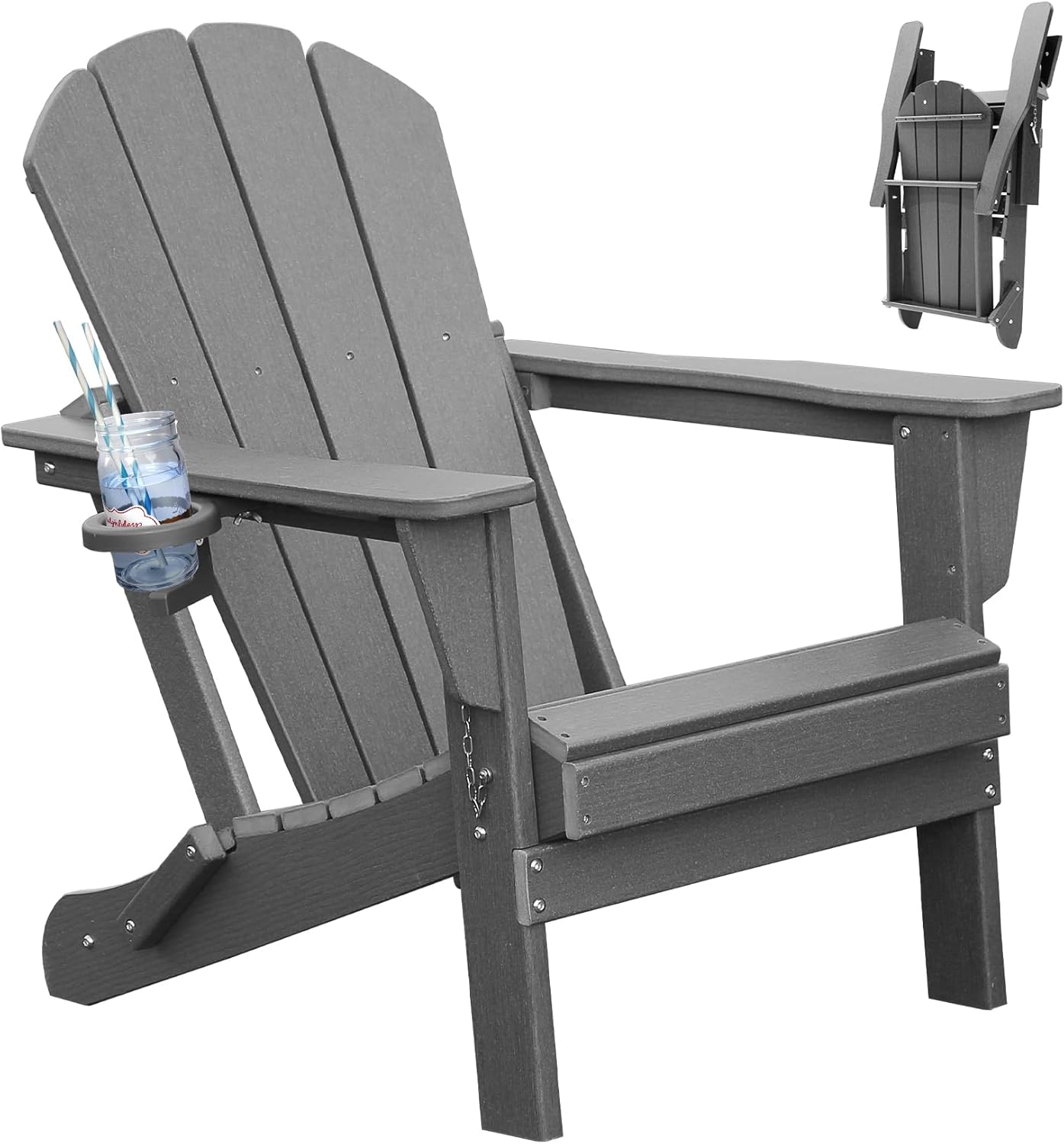 Adirondack Chair, Plastic Adirondack Chairs, HDPE Adirondack Chair, Folding Adirondack Chairs,Outdoor Chairs with Cup Holder for Lawn Patio Deck Fire Pit -Gray