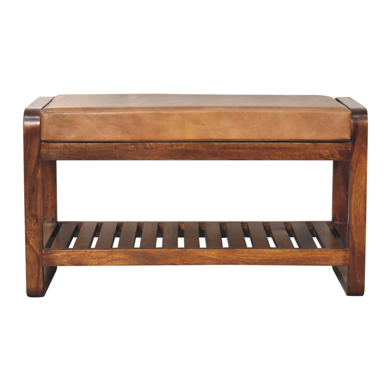 Solid Wood Small Buffalo Slatted Bench, Leather Upholstered, Open Storage, Tan and Brown