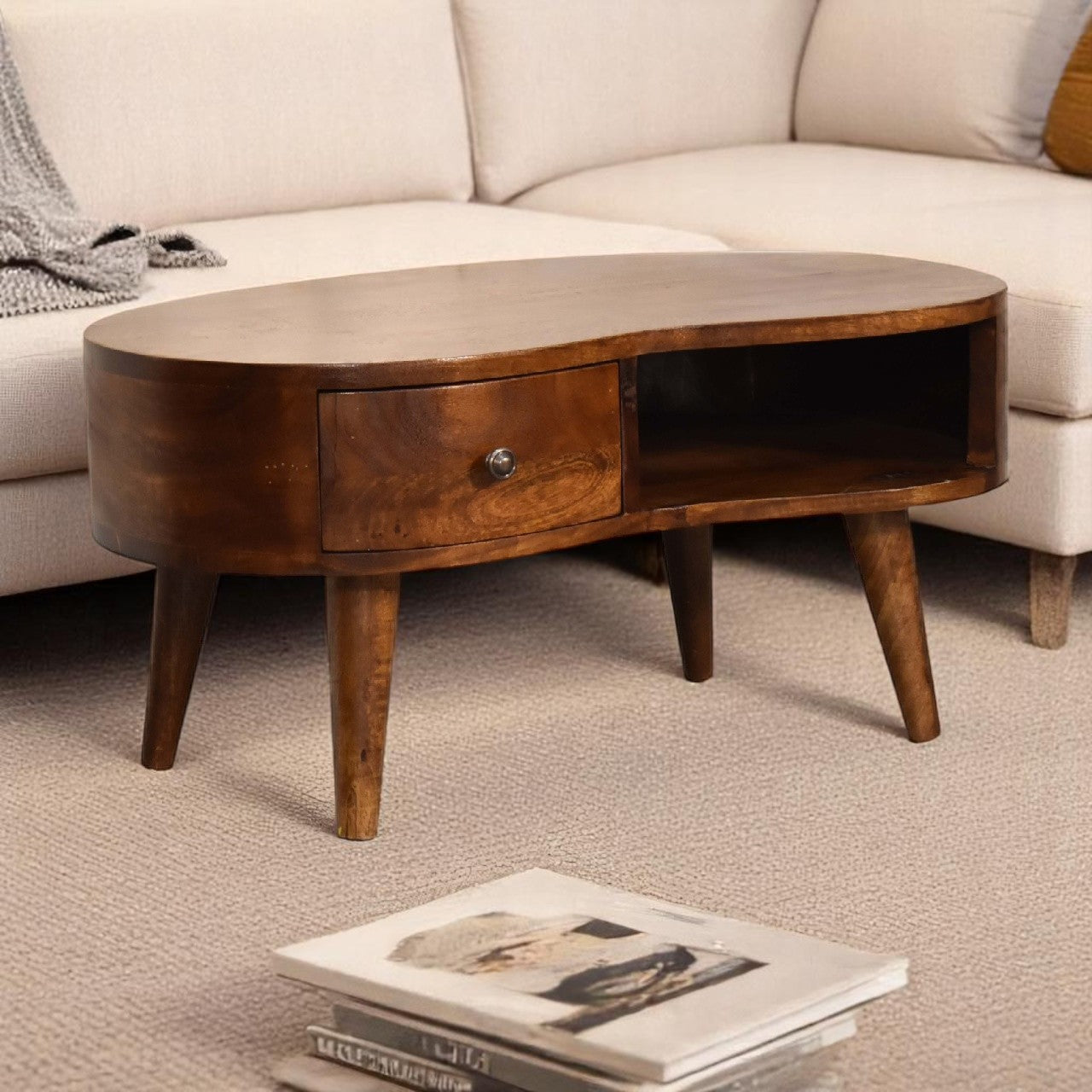 Solid Wood Mini Chestnut Wave Coffee Table, 1-Drawer, 1 Open-Shelf, Nordic Legs, Dark Brown