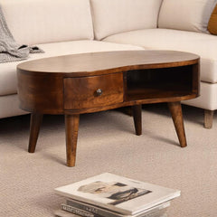 Solid Wood Mini Chestnut Wave Coffee Table, 1-Drawer, 1 Open-Shelf, Nordic Legs, Dark Brown