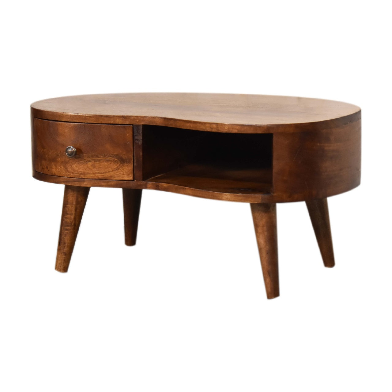 Solid Wood Mini Chestnut Wave Coffee Table, 1-Drawer, 1 Open-Shelf, Nordic Legs, Dark Brown