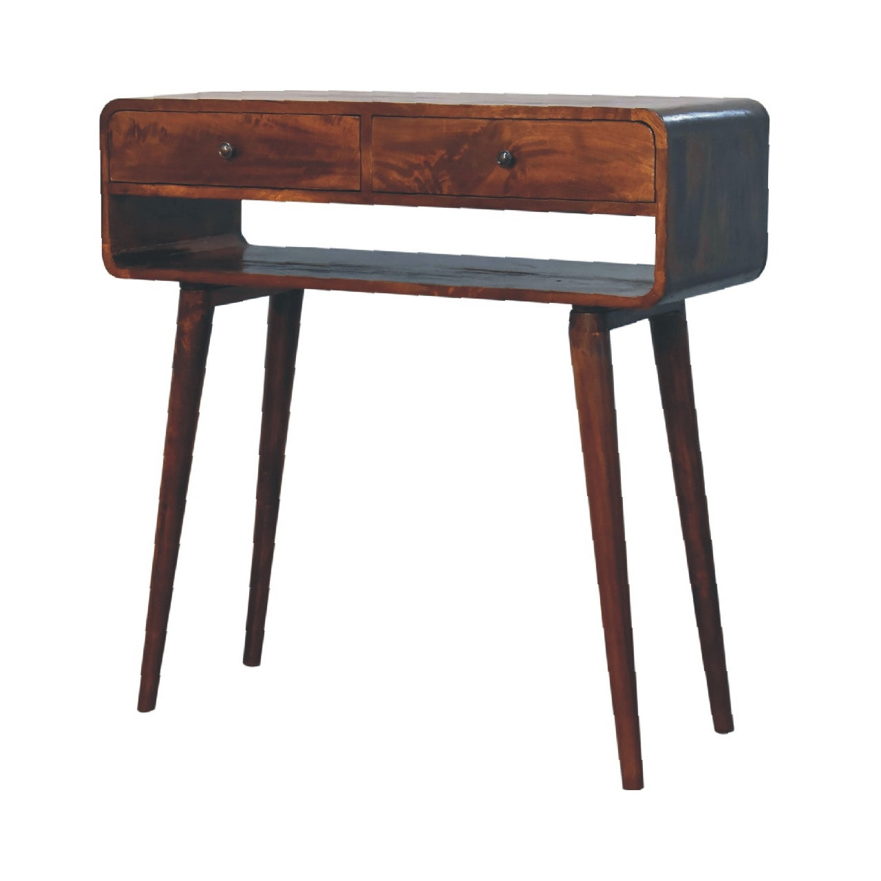 Sonata Chestnut Console Table, Nordic Legs, 2-Drawers, Open Slot, Brown