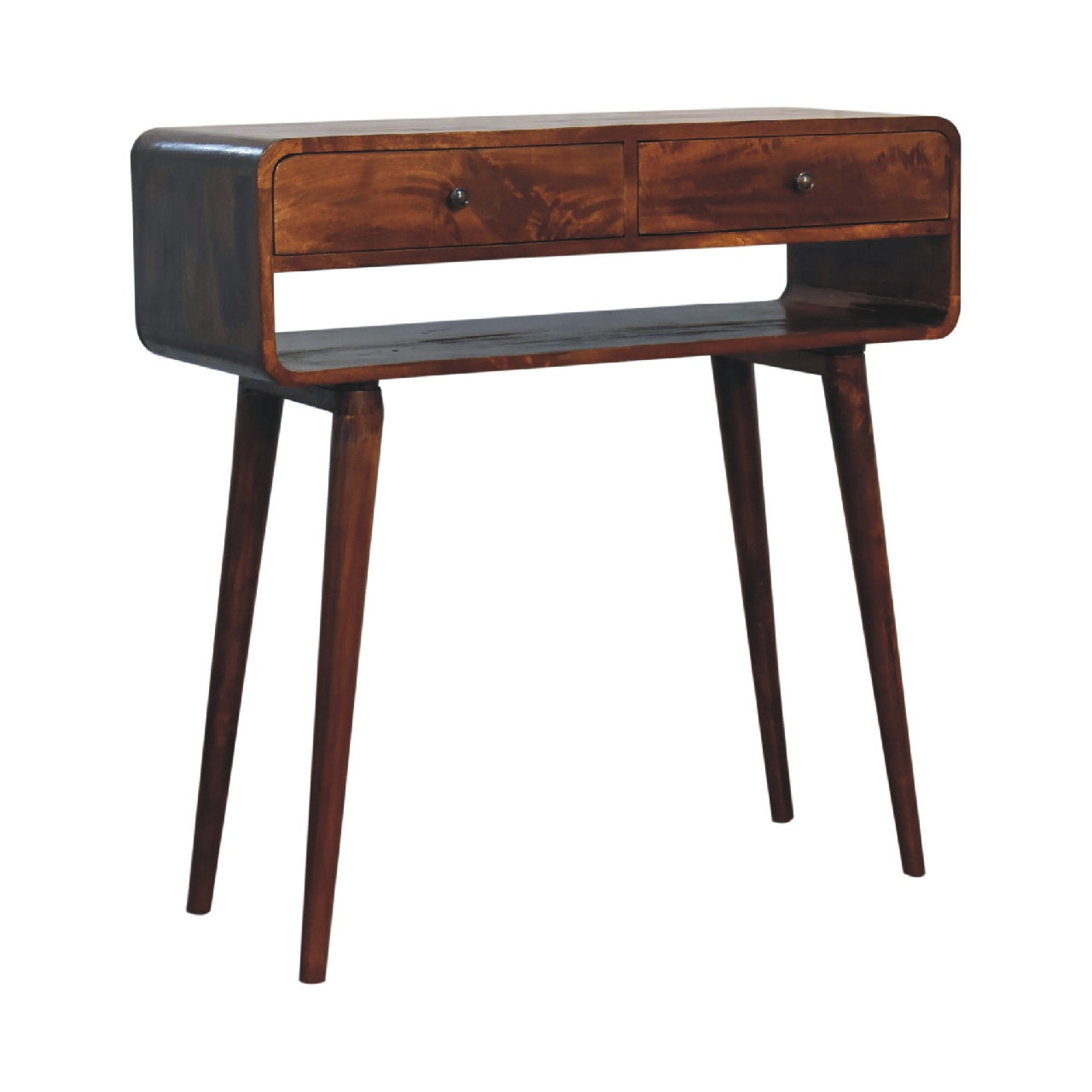 Sonata Chestnut Console Table, Nordic Legs, 2-Drawers, Open Slot, Brown