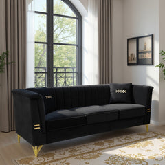 FX-P82-BK2 (SOFA WITH 2PILLOW) 82.67" Modern Velvet 3-Seater Sofa｜Vertical Channel Tufted Backrest｜Gold Metal Legs｜Chesterfield Style｜Black Couch for Living Room with 2 Pillows