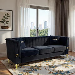 FX-P82-BK2 (SOFA WITH 2PILLOW) 82.67" Modern Velvet 3-Seater Sofa｜Vertical Channel Tufted Backrest｜Gold Metal Legs｜Chesterfield Style｜Black Couch for Living Room with 2 Pillows