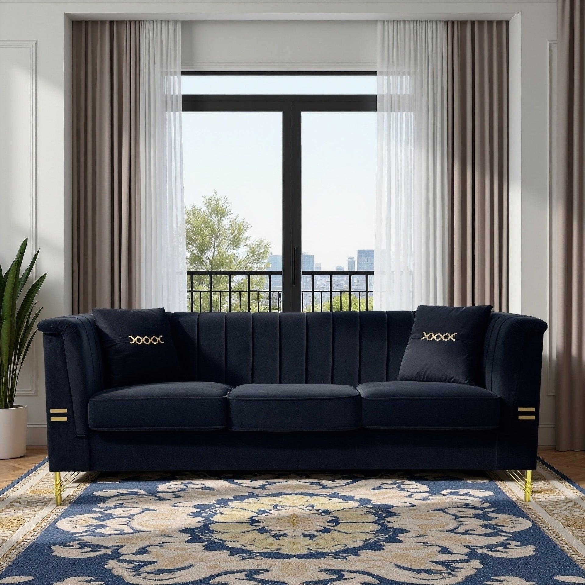 FX-P82-BK2 (SOFA WITH 2PILLOW) 82.67" Modern Velvet 3-Seater Sofa｜Vertical Channel Tufted Backrest｜Gold Metal Legs｜Chesterfield Style｜Black Couch for Living Room with 2 Pillows