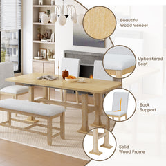 TOPMAX Farmhouse 76inch 6-Piece Extendable Dining Table Set Trestle Kitchen Table Set with 18inch Removable Leaf and Upholstered Dining Chair and Bench for Dining Room, Natural