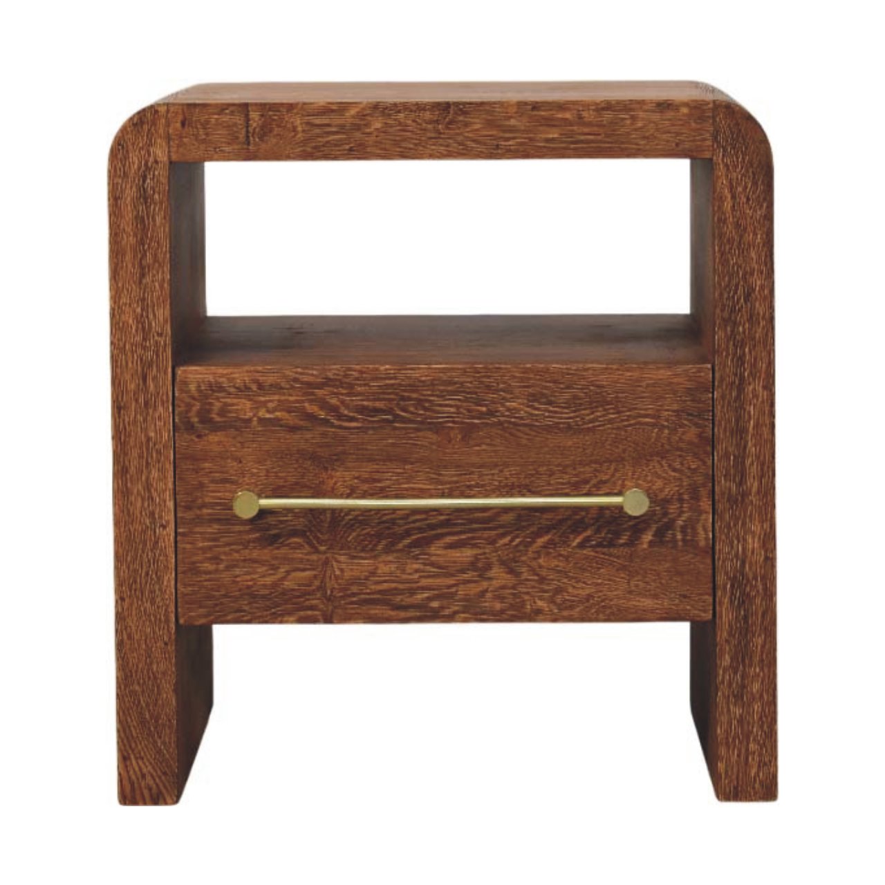 Solid Wood Curved Edge Bedside,Brown,1-Drawer,1-Shelf