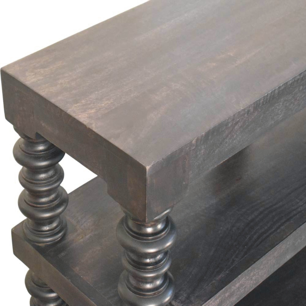 Solid Wood Spindle Shelf Console in Carbon Ash, Black with storage