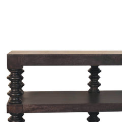 Solid Wood Spindle Shelf Console in Carbon Ash, Black with storage