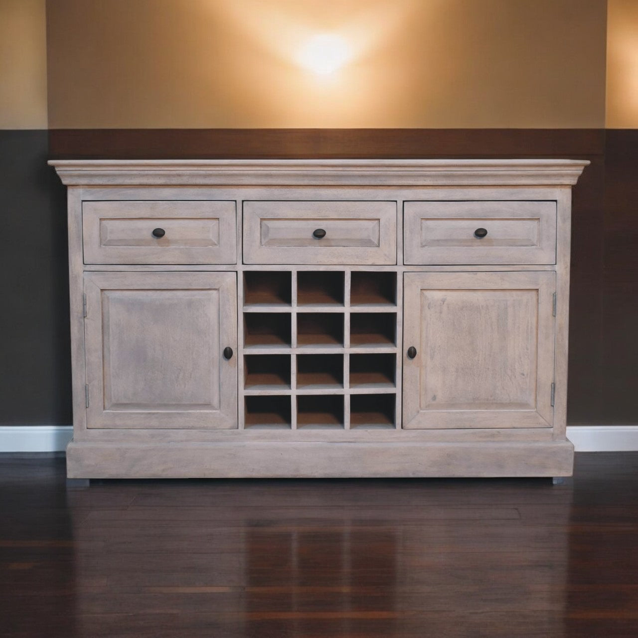 Solid Wood Acid Wash Wine Storage Unit, 3-Drawers, 4-Shelves, Bottle Storage, White