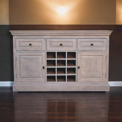 Solid Wood Acid Wash Wine Storage Unit, 3-Drawers, 4-Shelves, Bottle Storage, White