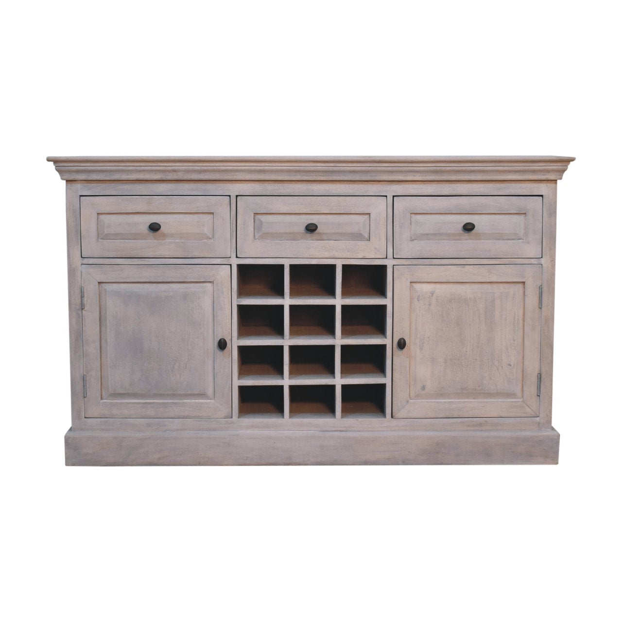 Solid Wood Acid Wash Wine Storage Unit, 3-Drawers, 4-Shelves, Bottle Storage, White