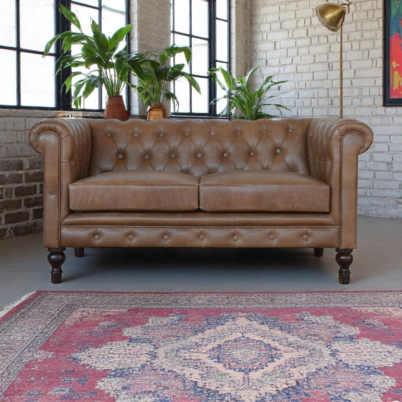 Solid Wood Buffalo Leather Chesterfield, Dark Brown