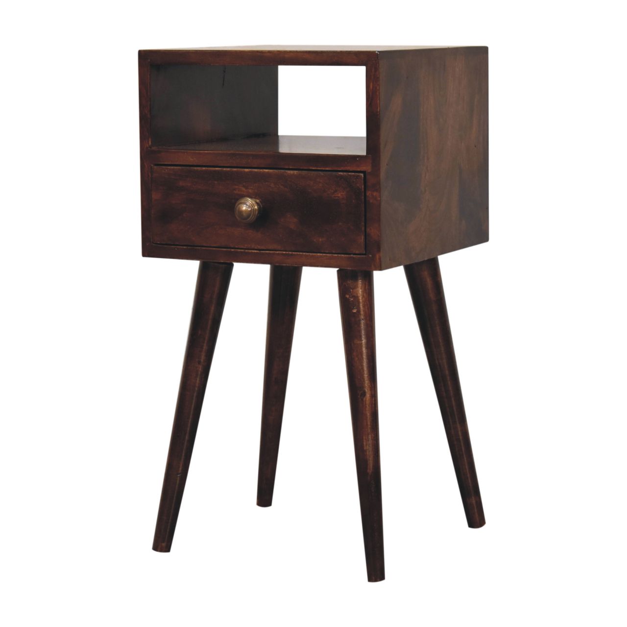 Solid Wood Mini California Walnut Nightstand, 1-Drawer, 1 Open-Slot, Nordic Legs, Dark Brown