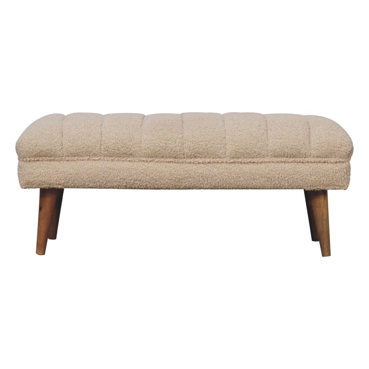 Solid Wood Boucle Puffer Bench, Nordic Legs, Beige and Light Brown