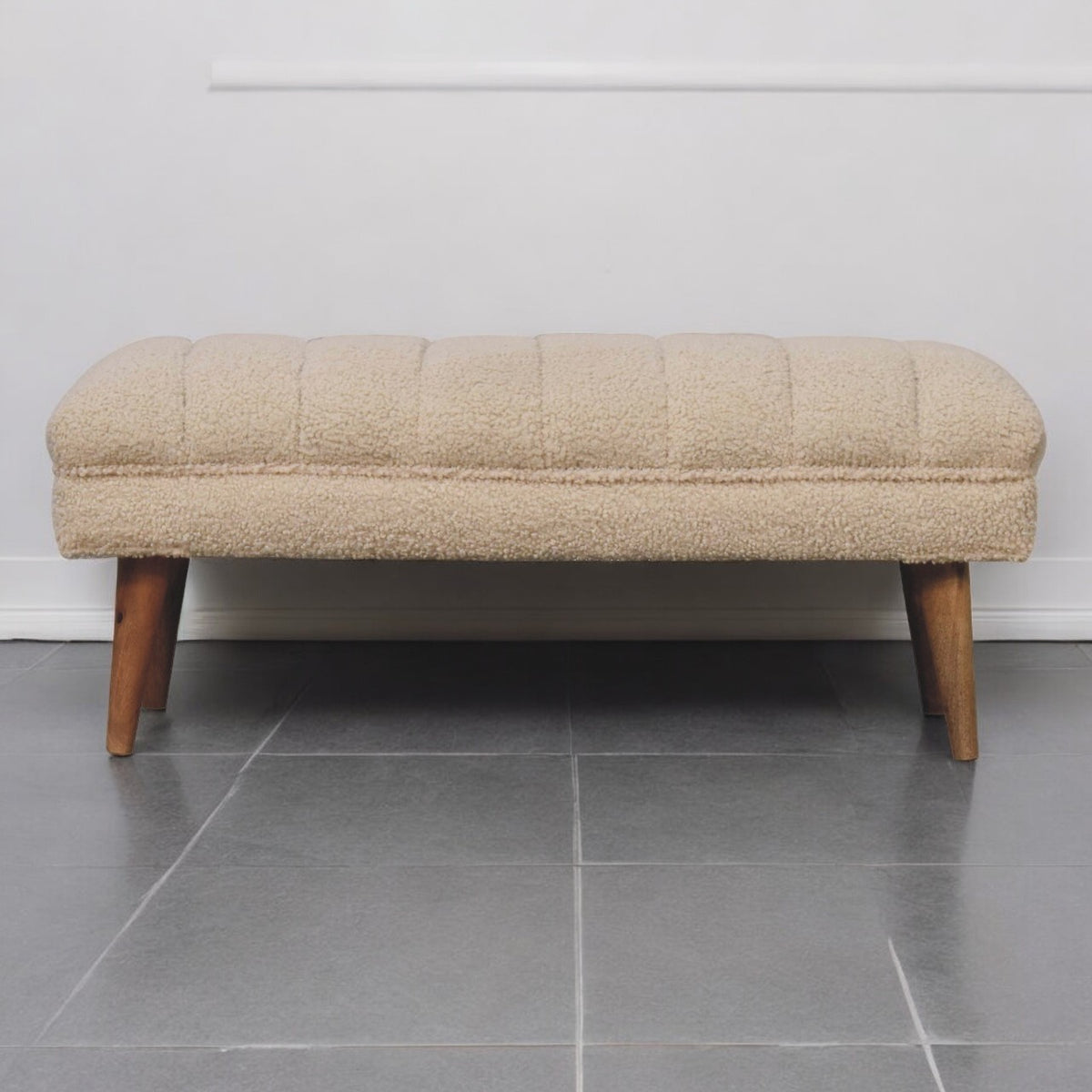 Solid Wood Boucle Puffer Bench, Nordic Legs, Beige and Light Brown