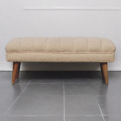 Solid Wood Boucle Puffer Bench, Nordic Legs, Beige and Light Brown