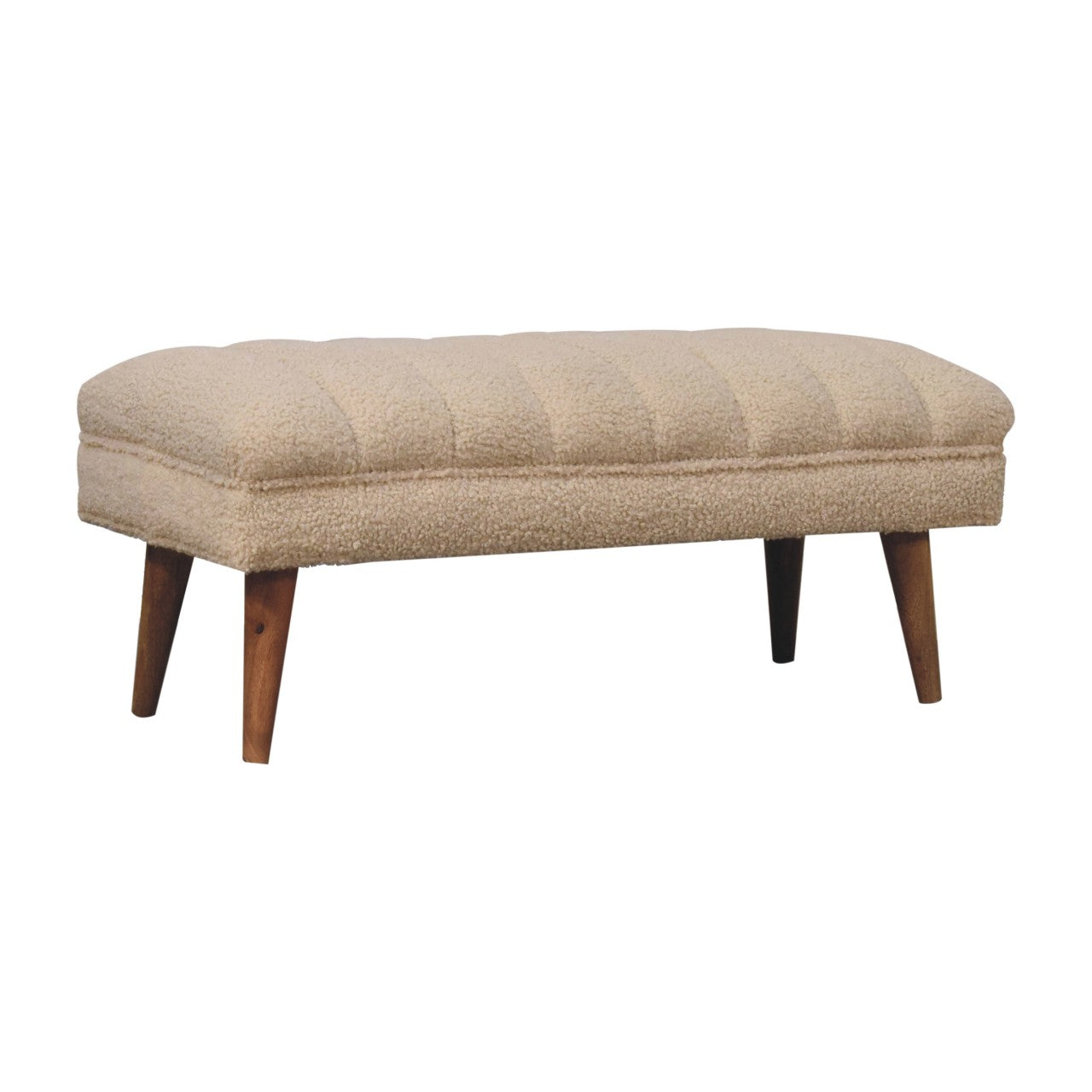 Solid Wood Boucle Puffer Bench, Nordic Legs, Beige and Light Brown