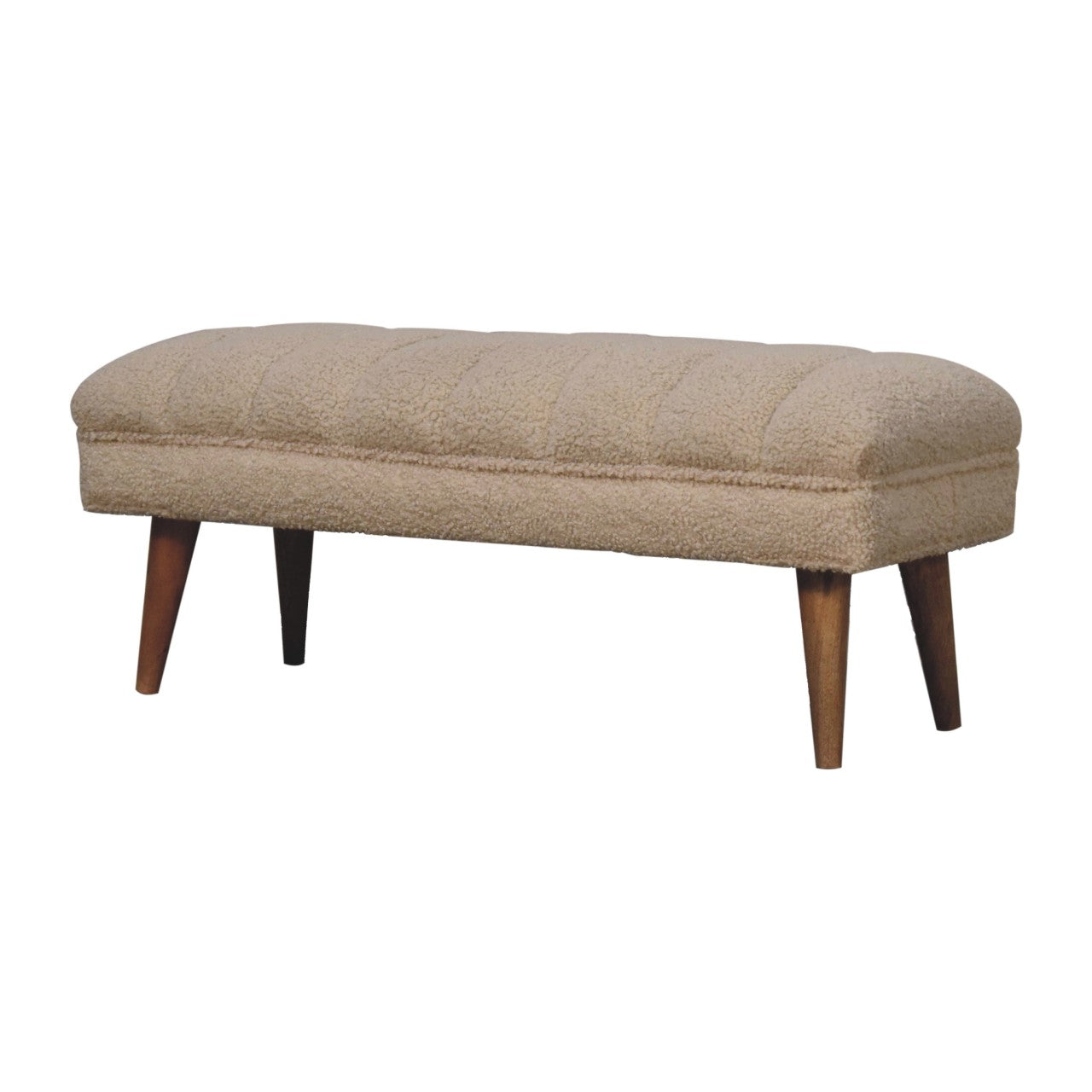Solid Wood Boucle Puffer Bench, Nordic Legs, Beige and Light Brown