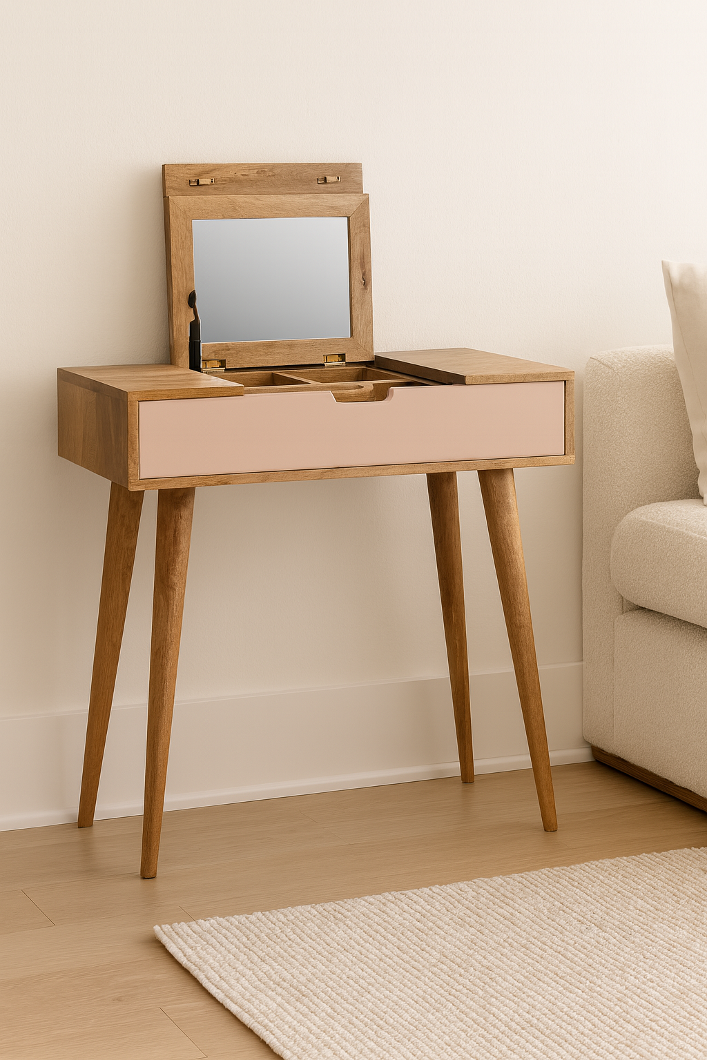 Solid wood Mini Pink Dressing Table, 4 Compartments, Nordic Legs, Pink and Light Brown