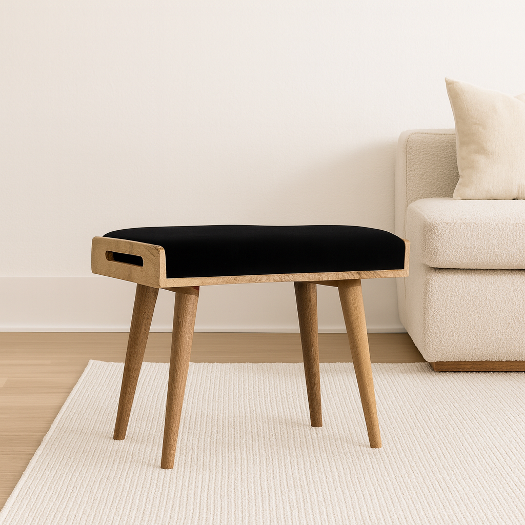 Black Upholstered Velvet Tray Style Footstool, Light Brown