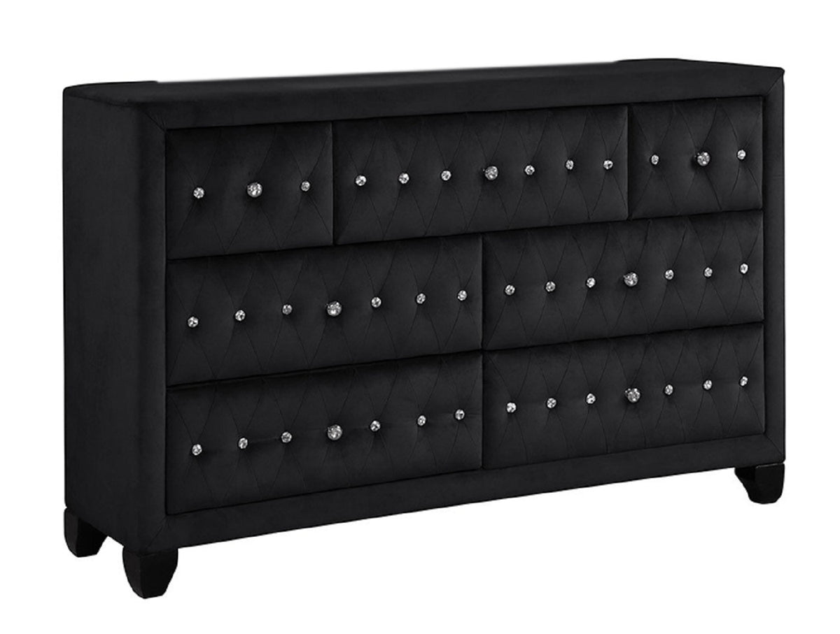 Sophia Modern Style Crystal Tufted Upholstery 7-Drawer Dresser finished with Velvet Fabric made with Wood in Black, (INCLUDES DRESSER-MIRROR NOT INCLUDED) same asG150108573 (NJ inventory)