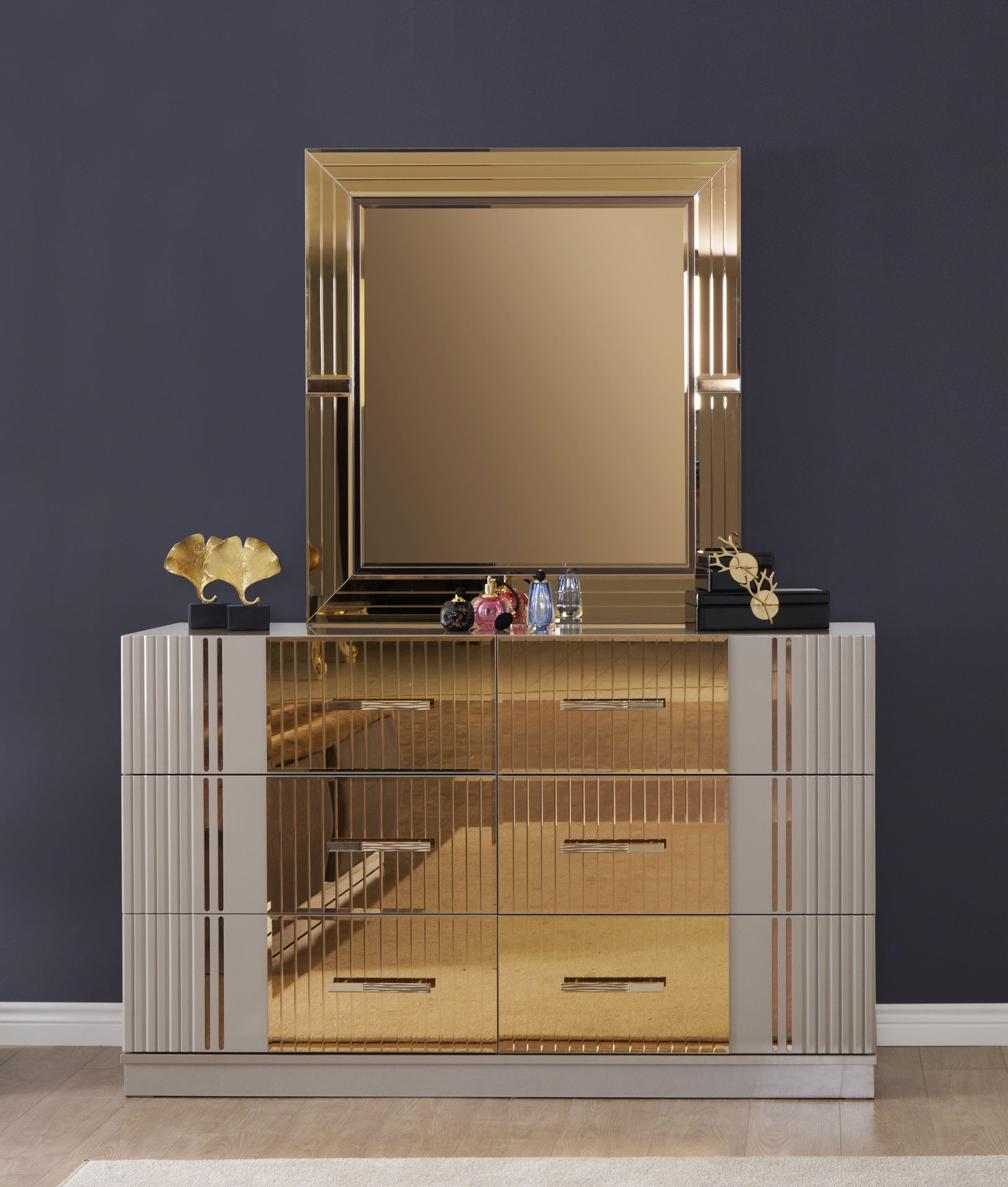 Lorenzo Gold Detailed 6-Drawer Dresser made with Wood in Gray (Includes Dresser Only) (NJ Warehouse inventory)